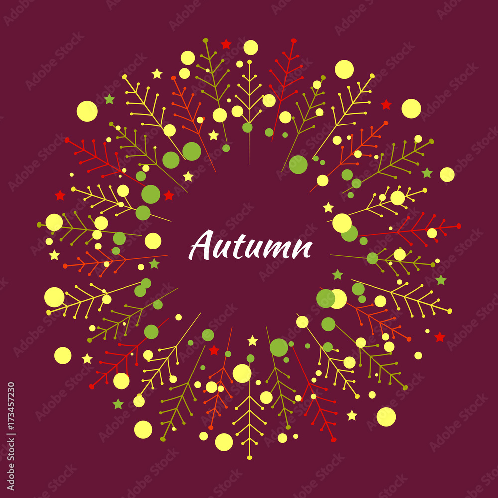 Autumn round frame of red, yellow, green, orange decorative minimalistic trees and splatter paint on a red background. Vector
