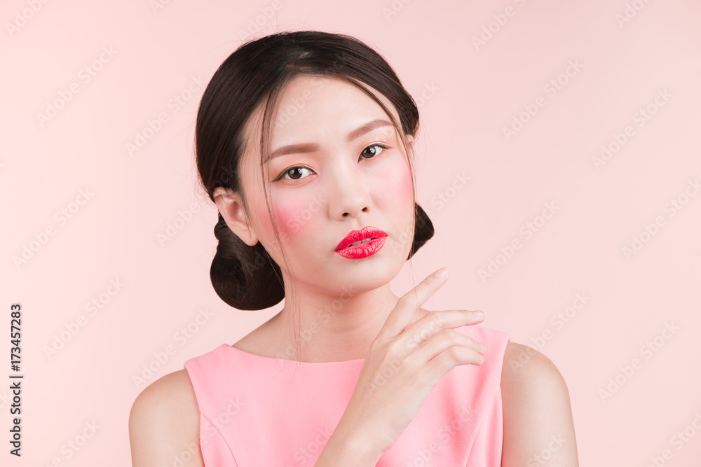 Beauty portrait of female face with red lips. Beauty portrait of female face with red lips.