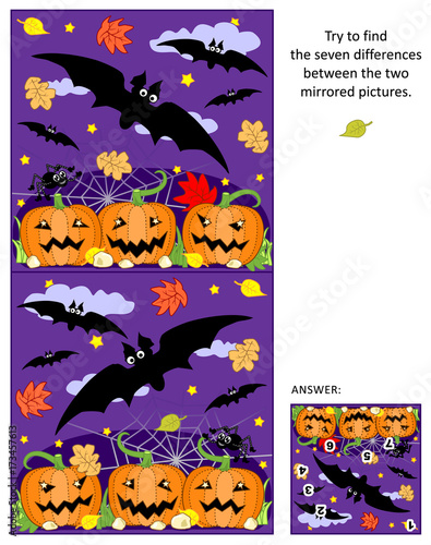 Halloween themed visual puzzle: Find the seven differences between the two mirrored pictures of flying bats, pumpkin field, spider. Answer included. 