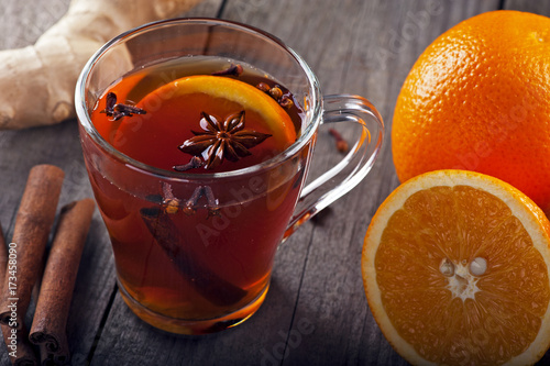hot tea with spices and oranges