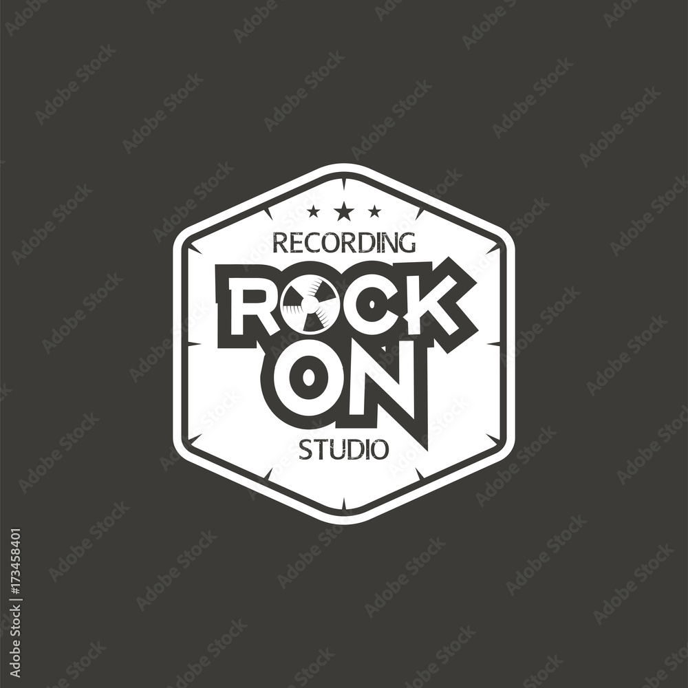 Rock on. Recording studio vector label, badge, emblem logo with musical instrument. Stock vector illustration isolated on dark background