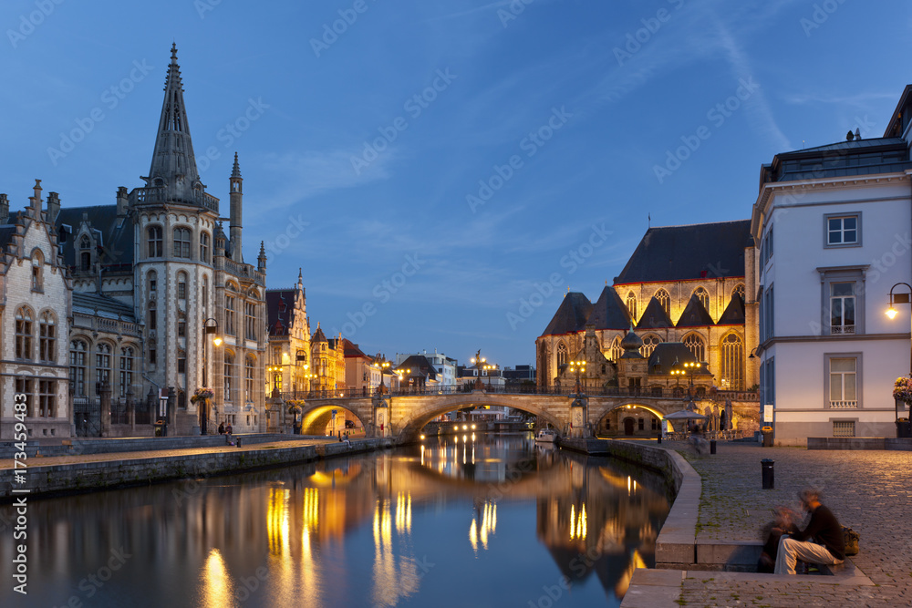 Ghent Canal View At Night, Belgium