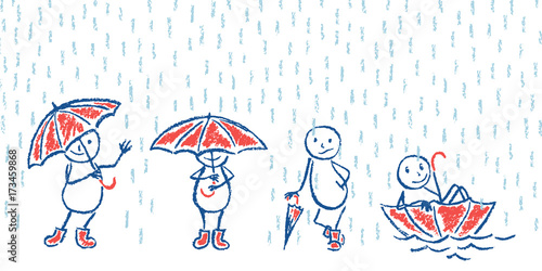 Сomics set of crayon like kid`s hand drawn funny doodle man and umbrella. Vector cartoon pastel chalk or pencil comic characters with autumn rain shower flood.
