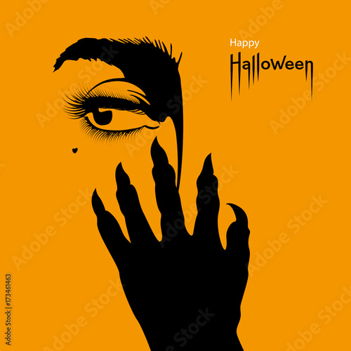 Happy Halloween card. Scary hand with sharp nails and woman's eye on orange Halloween background. Vector Illustration