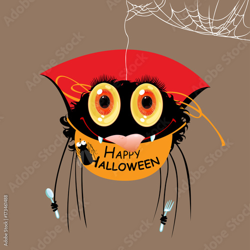 Happy Halloween card. Voracious spider in Happy Halloween apron. Vector Illustration