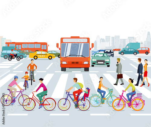Stadt mit Radfahrer und Straßenverkehr, illustration 