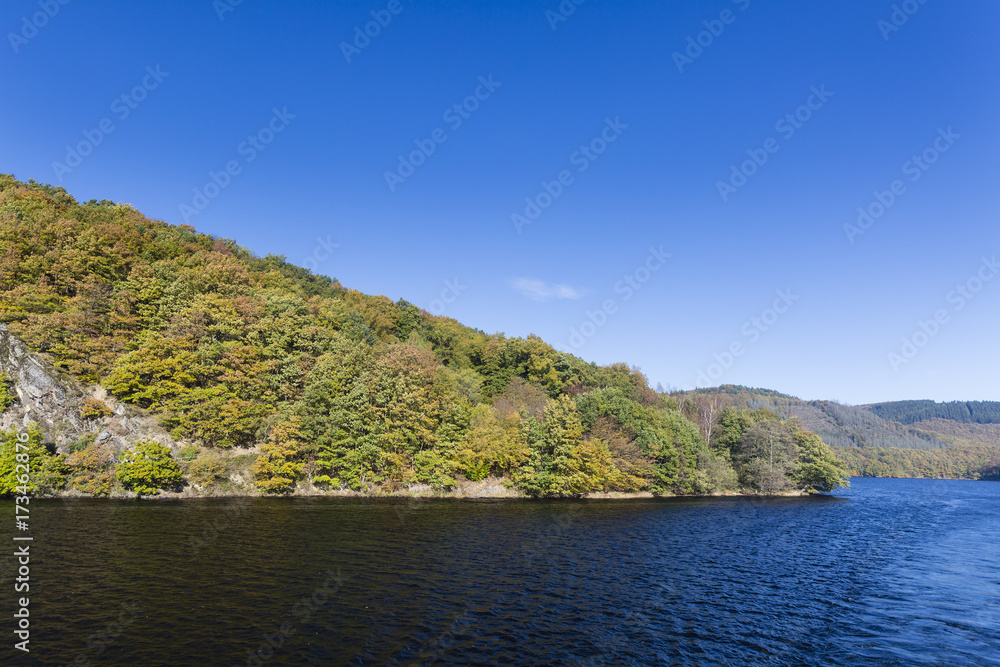 Colorful Trees at Lake Rursee in Autumn, Germany, Eifel