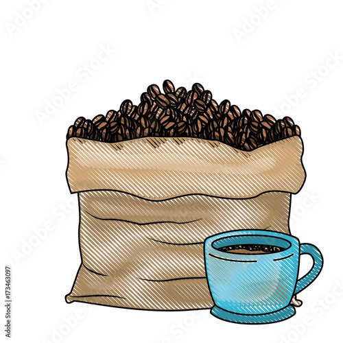 bag with beans and cup of coffee colored crayon silhouette vector illustration