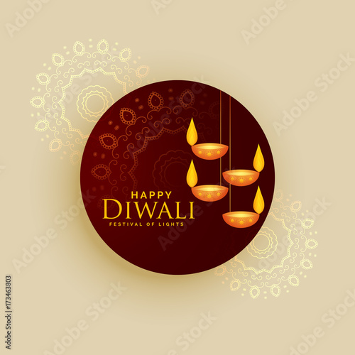 diwali holiday greeting card vector design with hanging lamps