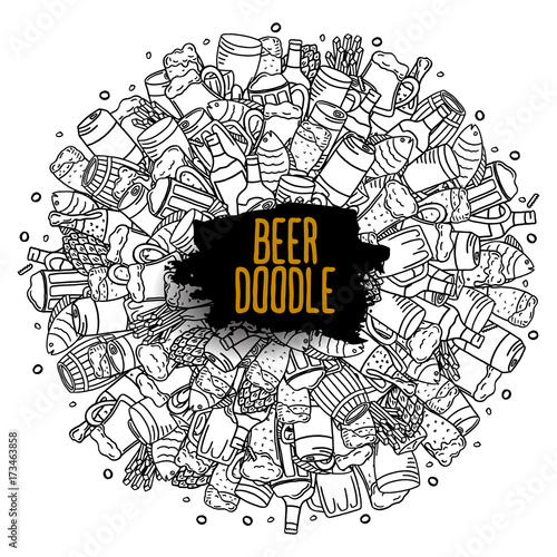 round beer doodle poster. vector label from beer glasses and snacks.