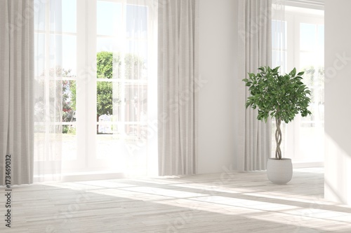 Fototapeta Naklejka Na Ścianę i Meble -  Inspiration of white empty room with summer landscape in window. Scandinavian interior design. 3D illustration