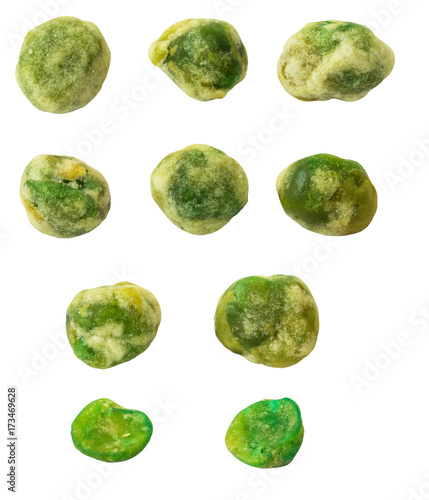 Baked green peas are coated with salty sweet flour, isolated on white background. (clipping path included)