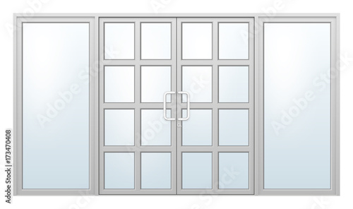 Vector illustration of aluminium door and chrome door handle and glass isolated on white background.