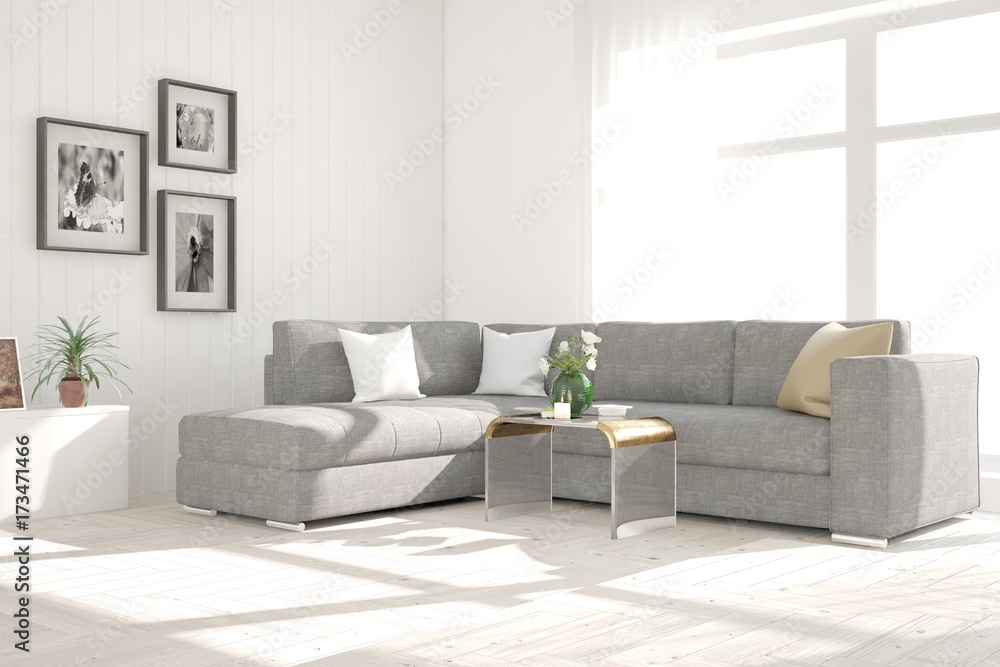 Idea of white room with sofa and summer landscape in window. Scandinavian interior design. 3D illustration Idea of white room with sofa and summer landscape in window. Scandinavian interior design. 3D illustration