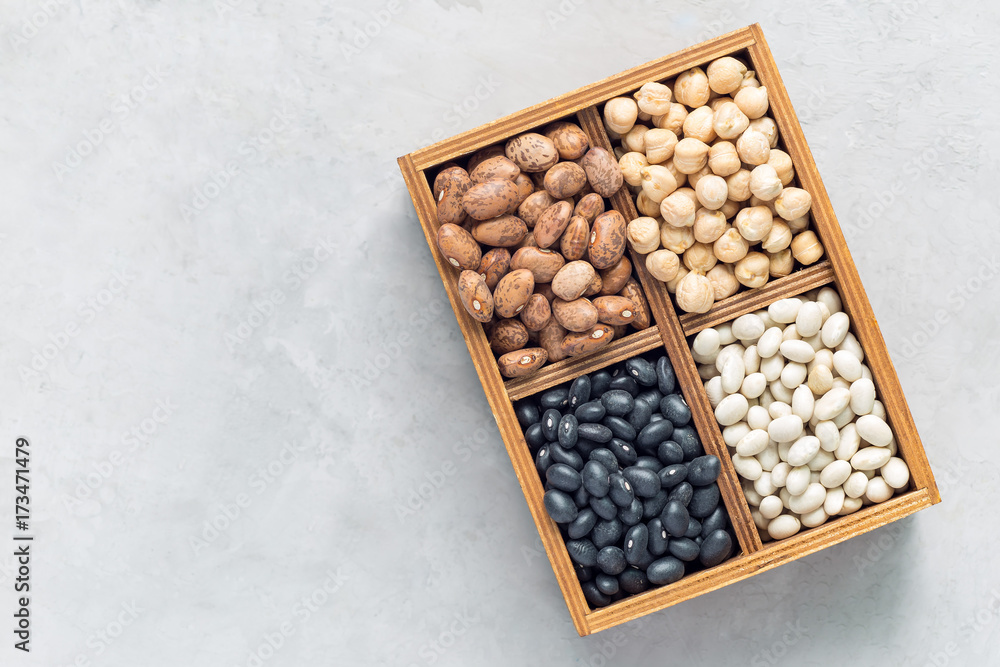 Different kinds of beans: black, pinto, white and chickpeas in wooden box on concrete background, copy space, horizontal