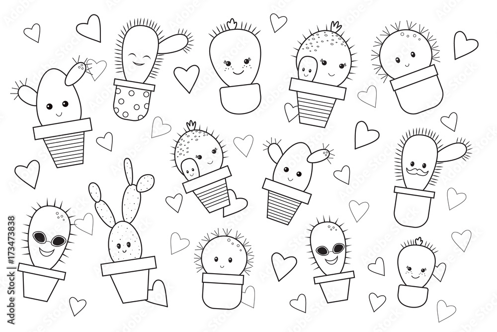 Funny cartoon cactus for kids, coloring book. Doodle style. Vector illustration.