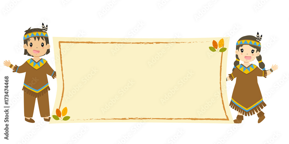 Fototapeta premium happy Native American boy and girl holding an empty banner and waving their hand. Thanksgiving background design cartoon vector