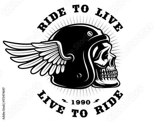 Biker skull in helmet with wing on white background