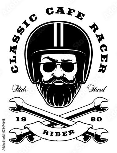 Biker with beard and crossed wrenches