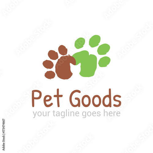 Vector logo template for pet shop,  veterinary clinic. Creative idea for animal feed. Illustration of traces of  pets with cat silhouette. EPS10.