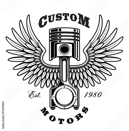 Vintage piston with wings on white background