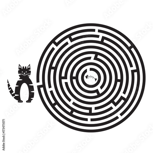 Circular maze for kids, cartoon black cat is looking for fish. Labyrinth for preschool and school kids. Logic game. Vector illustration.