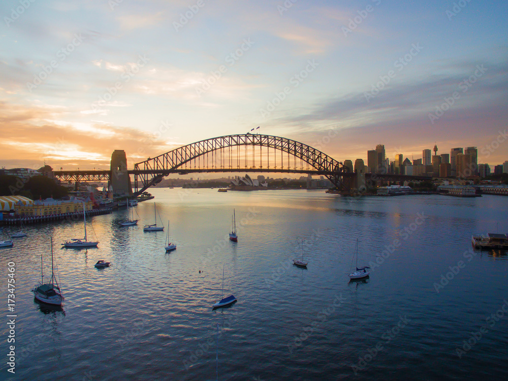 Aerial drone view of sunrise at Sydney Harbour Bridge