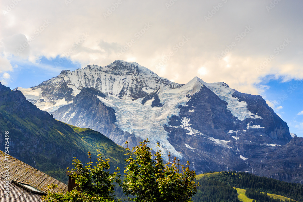Mountain Jungfrau in the Bernese Alps in summer. Wengen, Bernese Oberland, Switzerland