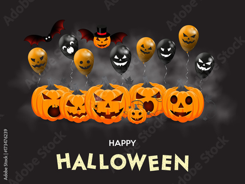 Set of pumpkins with balloons on the background of smoke. Design for a happy Halloween. Party Halloween. Vector illustration.