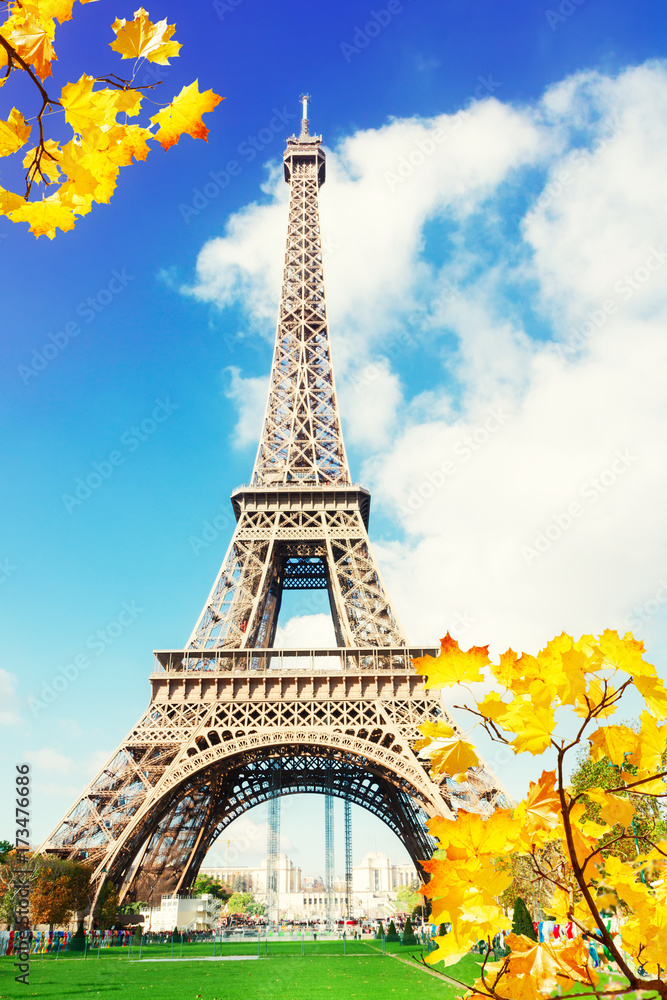 Eiffel Tower at sunny autumn day close up, Paris, France