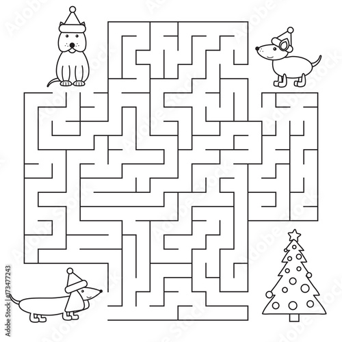 Color page of Christmas maze with cartoon dogs, for preschool and school kids. New Year symbol for children.