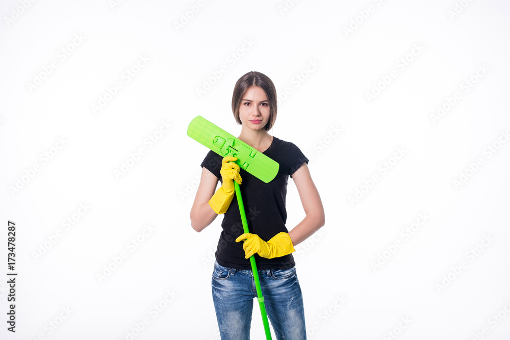Cleaning girl happy excited during cleaning. Funny girl with cleaning mop isolated on white background Cleaning girl happy excited during cleaning. Funny girl with cleaning mop isolated on white background
