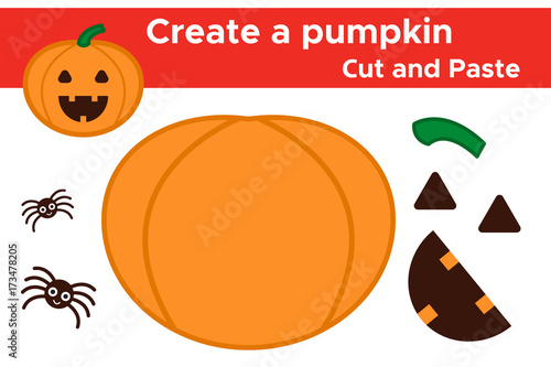 Create a Halloween pumpkin, funny education game for children. Scissors and glue. Vector illustration.