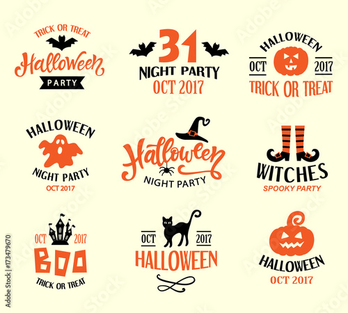 Halloween Logo Templates  Badges Set. Handwritten Ink Lettering and Hand Drawn Cartoon Doodles