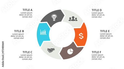 Vector circle arrows infographic, cycle diagram, geometric graph, presentation chart. Business concept with 6 options, parts, steps, processes. 16x9 slide template.