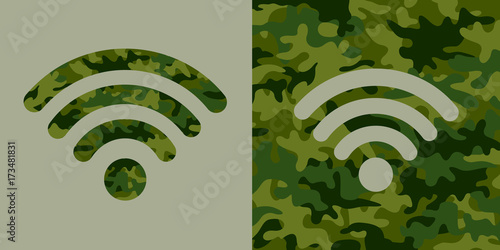 Wifi signal with khaki camouflage pattern. Usage of wi-fi, internet and cyberspace as military weapon and technology during cyberwarfare - cybernetic and information war and warfare. 