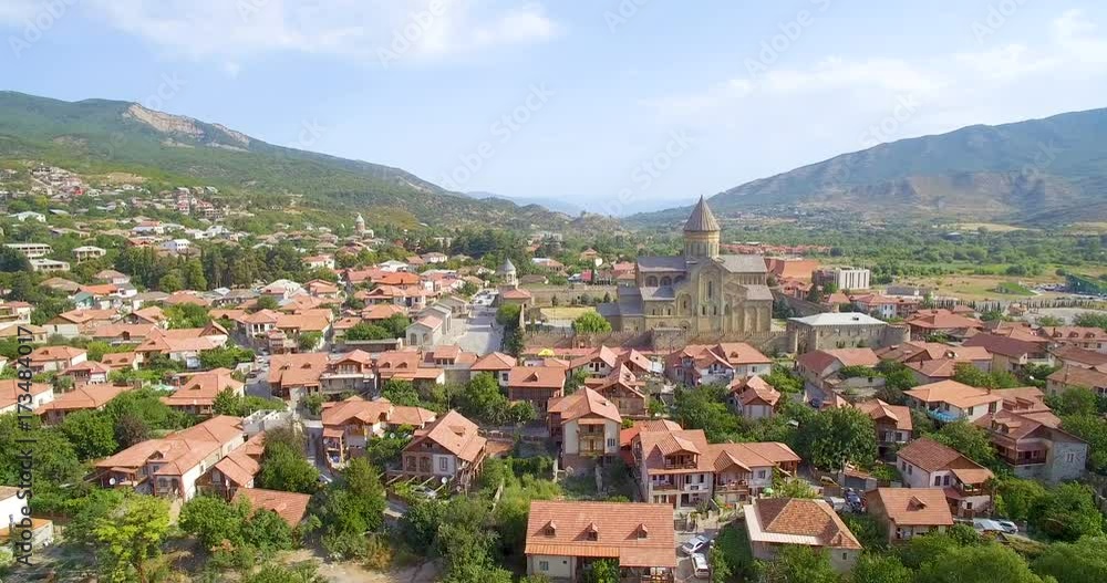 panoramic video of old capital of Georgia. Mtskheta. The main church, village with red roofs and river panoramic video of old capital of Georgia. Mtskheta. The main church, village with red roofs and river