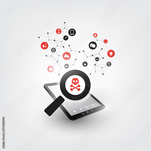 Security Audit, Virus Scanning, Cleaning, Eliminating Malware, Ransomware, Fraud, Spam, Phishing, Email Scam, Hacker Attack Effects and Damage - IT Security Concept Design, Vector illustration