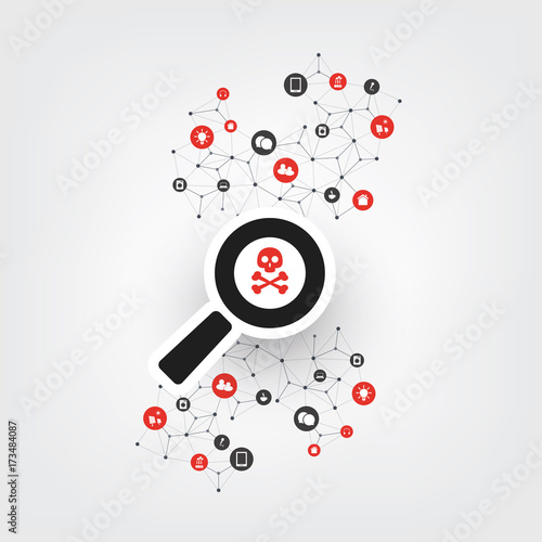 Security Audit, Virus Scanning, Cleaning, Eliminating Malware, Ransomware, Fraud, Spam, Phishing, Email Scam, Hacker Attack Effects and Damage - IT Security Concept Design, Vector illustration