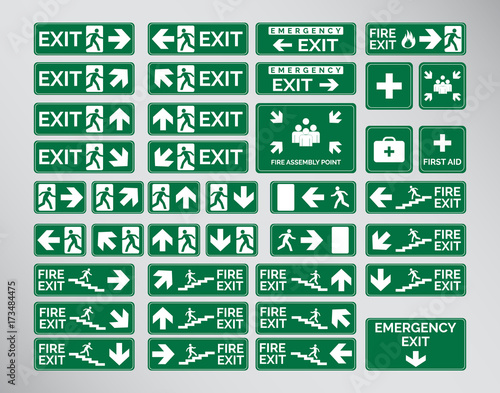 Set Of Green Emergency Exit Signs, Assembly Point, Fire Vectorial Design