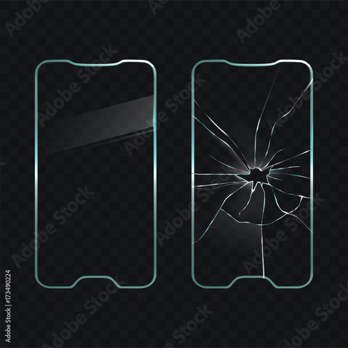 Broken and new cellphone touchscreen glass realistic vector illustration on transparent background. Protective cover for mobile phone screen. Smartphone repair, accessories and components replacement