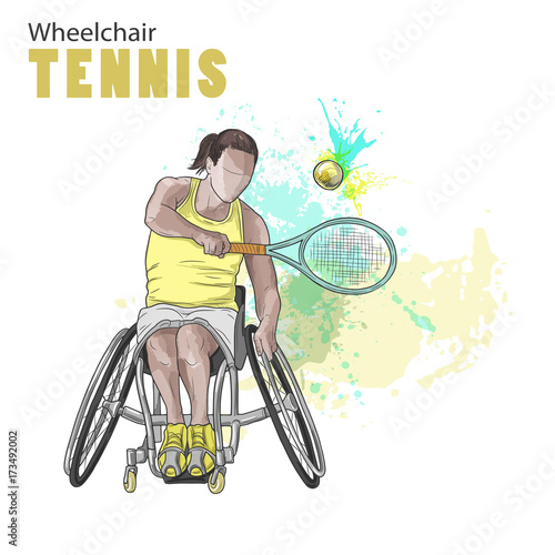Hand drawn illustration. Wheelchair Tennis athlete. Vector sketch sport. Graphic figure of disabled girl with a racket and ball. Active people. Recreation lifestyle. Handicapped people.