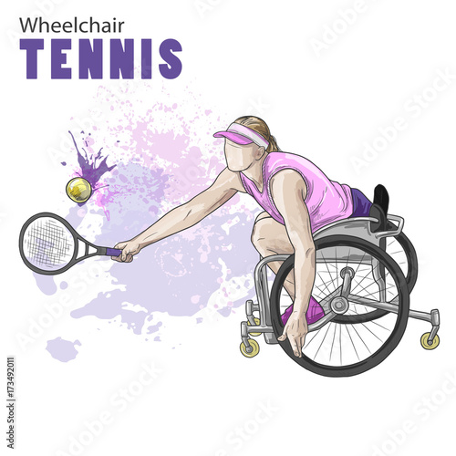Hand drawn illustration. Wheelchair Tennis athlete. Vector sketch sport. Graphic figure of disabled girl with a racket and ball. Active people. Recreation lifestyle. Handicapped people.