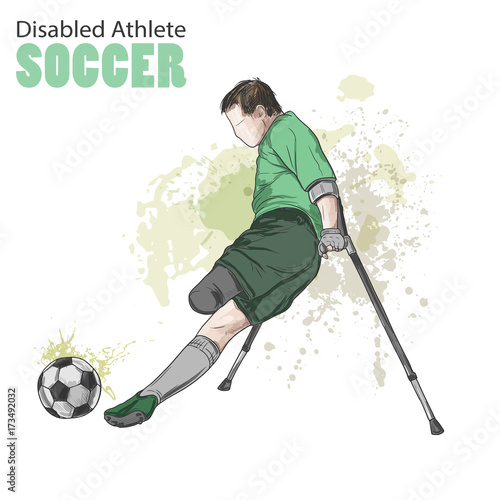 Hand drawn illustration. Amputee Football player. Vector sketch sport. Graphic figure of disabled athlete on crutches with a ball. Active people. Recreation lifestyle. Handicapped people.