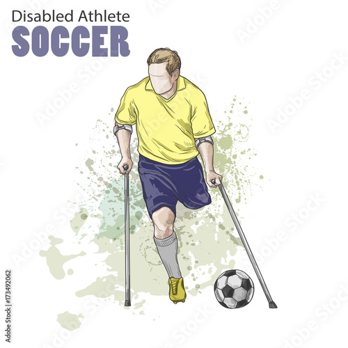 Hand drawn illustration. Amputee Football player. Vector sketch sport. Graphic figure of disabled athlete on crutches with a ball. Active people. Recreation lifestyle. Handicapped people.