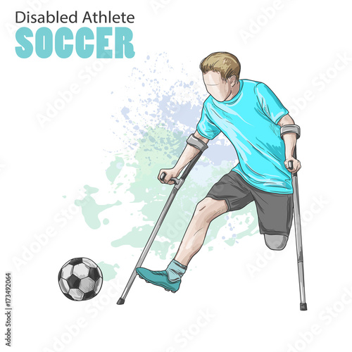 Hand drawn illustration. Amputee Football player. Vector sketch sport. Graphic figure of disabled athlete on crutches with a ball. Active people. Recreation lifestyle. Handicapped people.