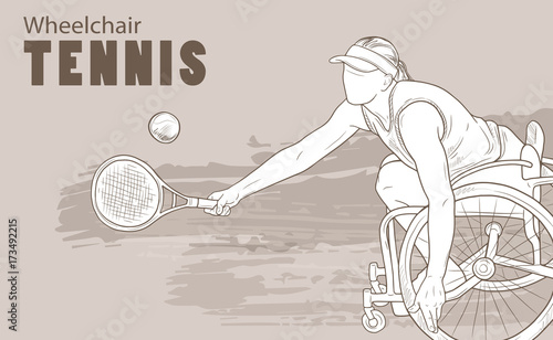 Hand drawn illustration. Wheelchair Tennis athlete. Vector sketch sport. Graphic silhouette of disabled girl with a racket and ball. Active people. Recreation lifestyle. Handicapped people.