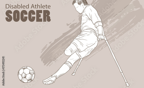 Hand drawn illustration. Amputee Football player. Vector sketch sport. Graphic silhouette of disabled athlete on crutches with a ball. Active people. Recreation lifestyle. Handicapped people.