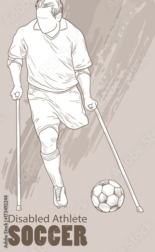 Hand drawn illustration. Amputee Football player. Vector sketch sport. Graphic silhouette of disabled athlete on crutches with a ball. Active people. Recreation lifestyle. Handicapped people.