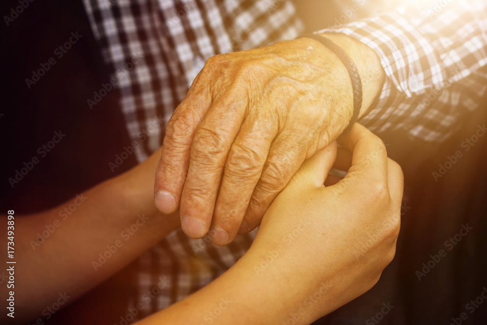 Fototapeta premium nephew wire up the friendship band to grandfather's hand in th evening sunlight